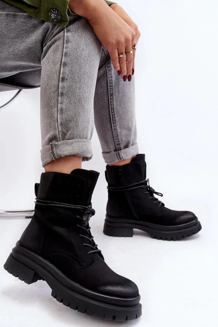 Boto Damskie Trapery|Botki Sznurowane*Damskie Botki Trapery Na Grubej Podeszwie Czarne Narelona Czarny