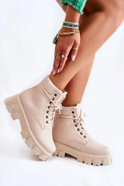 Outlet Boto Damskie Botki Trapery Ocieplane Jasnobeżowe Flavin
