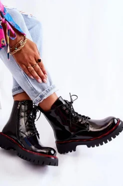 Outlet Damskie buty S.Barski Damskie Botki Trapery Wiązane Czarne Sherill