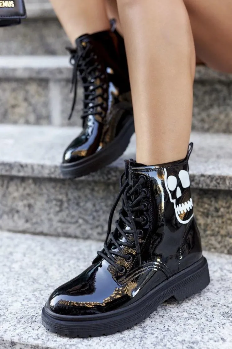 Discount GOE Damskie Botki Trapery z Czaszką II2N4047 Czarne