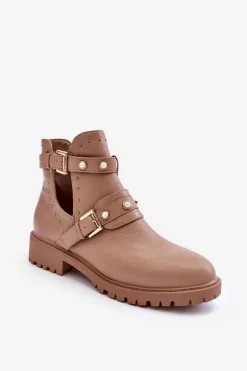 Damskie Boto Damskie Botki Trapery Z Perełkami Beżowe Klarisa