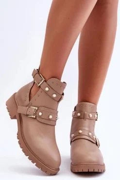 Damskie Boto Damskie Botki Trapery Z Perełkami Beżowe Klarisa