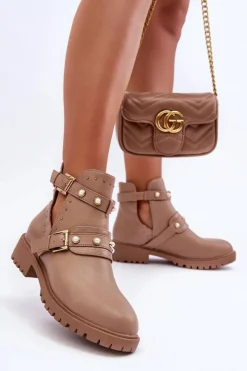 Damskie Boto Damskie Botki Trapery Z Perełkami Beżowe Klarisa