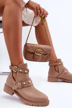 Damskie Boto Damskie Botki Trapery Z Perełkami Beżowe Klarisa