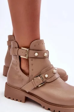 Damskie Boto Damskie Botki Trapery Z Perełkami Beżowe Klarisa