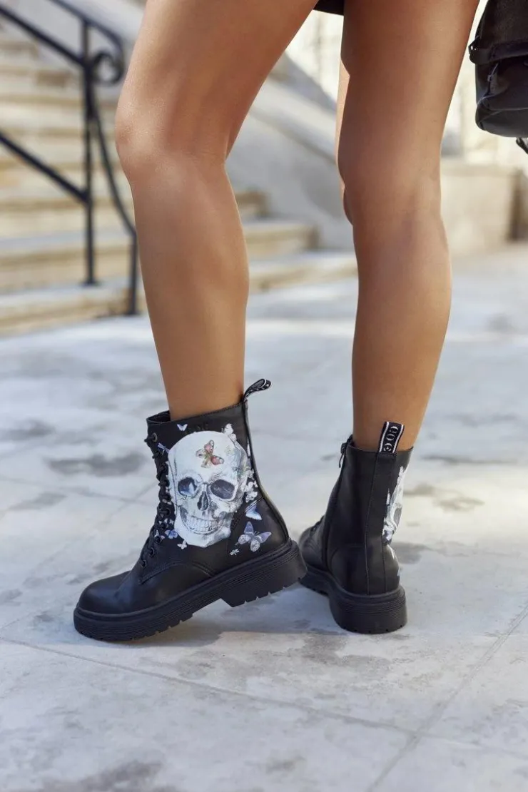 GOE Botki Sznurowane|Czarne Botki*Damskie Botki Trapery z Printem II2N4045 Czarne