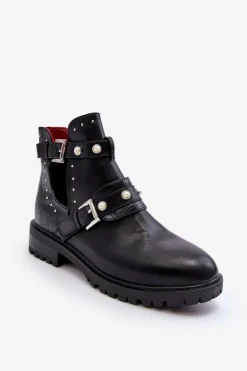 Hot Boto Damskie Botki Trapery Z Perełkami Czarne Klarisa