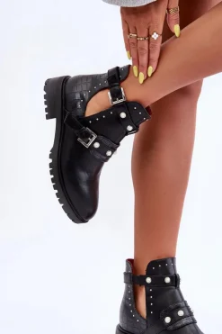 Hot Boto Damskie Botki Trapery Z Perełkami Czarne Klarisa