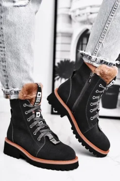 Hot Big Star Shoes Damskie Botki Trapery Zamszowe Big Star Szare GG274903