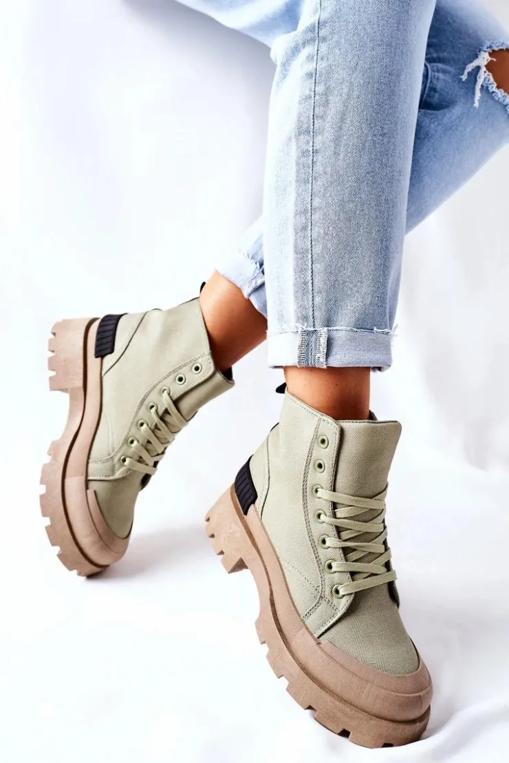 Boto Botki Sznurowane|Czarne Botki*Damskie Botki Trapery Zielone Any One