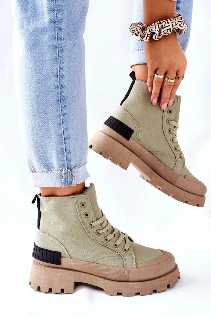 Boto Botki Sznurowane|Czarne Botki*Damskie Botki Trapery Zielone Any One