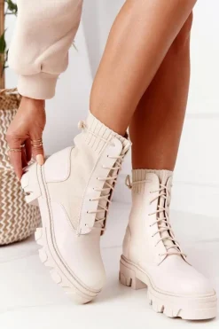 Boto Damskie Trapery|Botki Sznurowane*Damskie Botki Workery Beżowe My Need