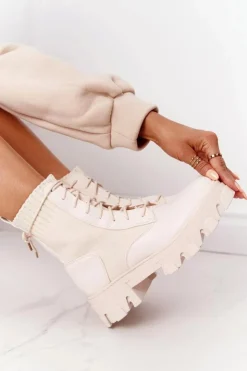 Boto Damskie Trapery|Botki Sznurowane*Damskie Botki Workery Beżowe My Need