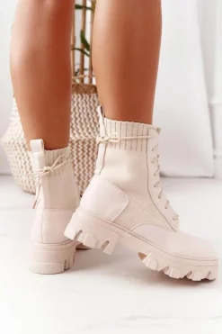 Boto Damskie Trapery|Botki Sznurowane*Damskie Botki Workery Beżowe My Need