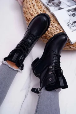 Best Big Star Shoes Damskie Botki Workery Big Star Skórzane Czarne EE274506