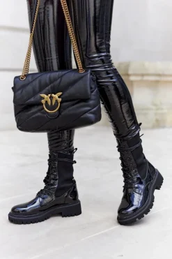 Boto Botki Sznurowane|Czarne Botki*Damskie Botki Workery Lakierowane Czarne Maxine