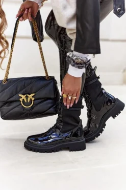 Boto Botki Sznurowane|Czarne Botki*Damskie Botki Workery Lakierowane Czarne Maxine