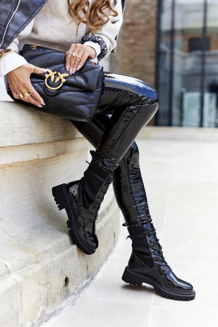 Boto Botki Sznurowane|Czarne Botki*Damskie Botki Workery Lakierowane Czarne Maxine