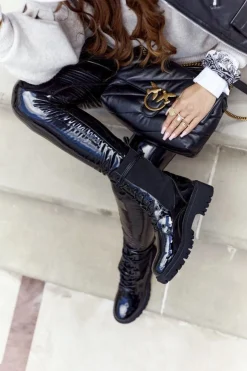 Boto Botki Sznurowane|Czarne Botki*Damskie Botki Workery Lakierowane Czarne Maxine