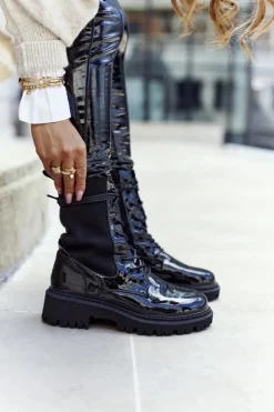 Boto Botki Sznurowane|Czarne Botki*Damskie Botki Workery Lakierowane Czarne Maxine