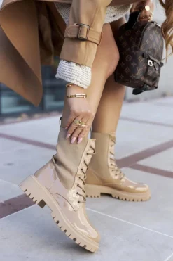 Damskie Boto Damskie Botki Workery Lakierowane Khaki Maxine
