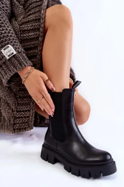 Evento Czarne Botki|Botki Zimowe Damskie*Damskie Botki Workery Na Platformie Czarne Aliana