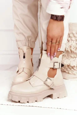 Boto Botki Wiosenne|Czarne Botki*Damskie Botki Workery Na Platformie Beżowe Cosmic Love