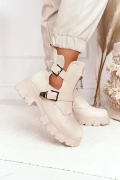 Boto Botki Wiosenne|Czarne Botki*Damskie Botki Workery Na Platformie Beżowe Cosmic Love