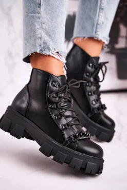 New Boto Damskie Botki Workery Na Platformie Czarne Chain