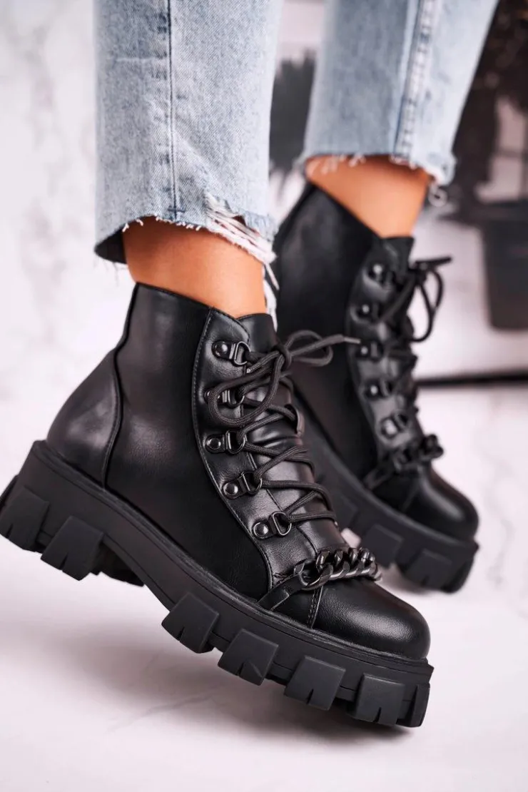 New Boto Damskie Botki Workery Na Platformie Czarne Chain