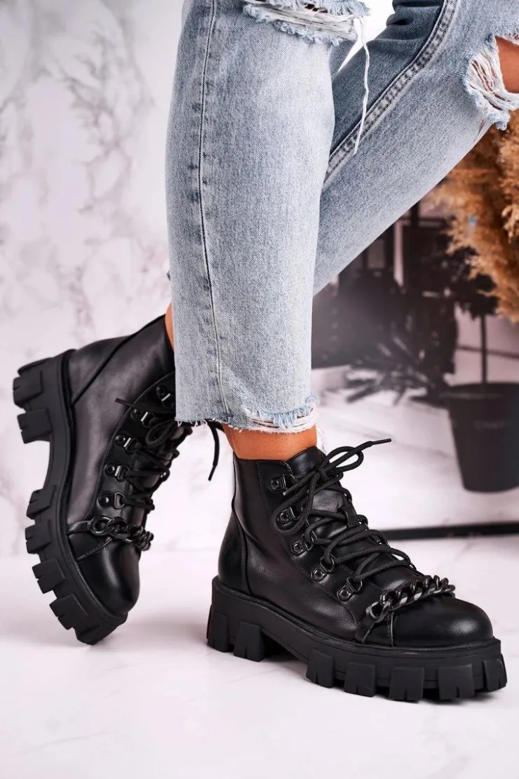 New Boto Damskie Botki Workery Na Platformie Czarne Chain