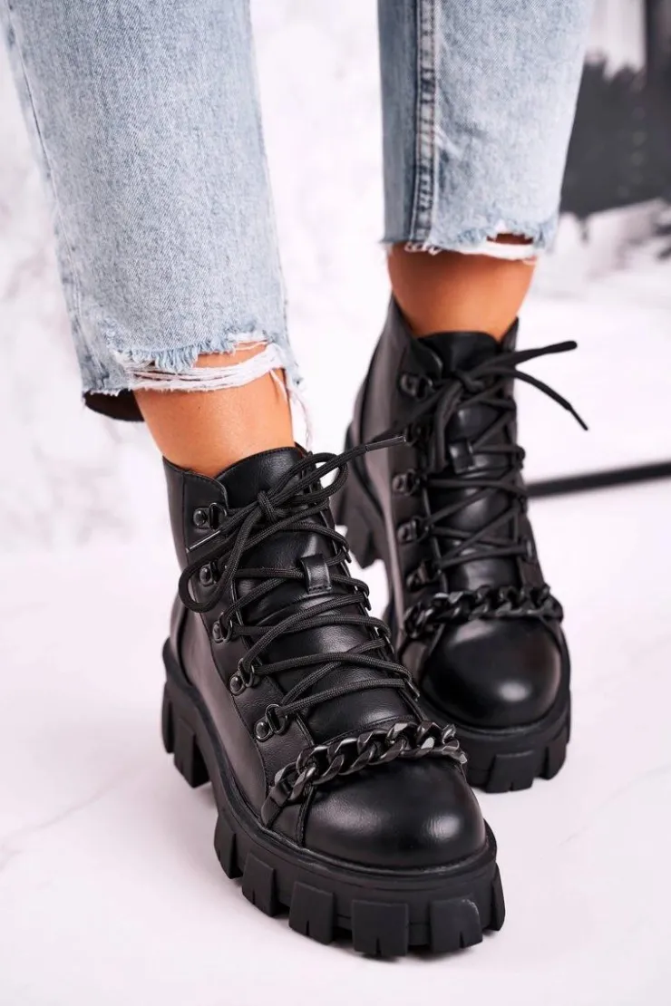 New Boto Damskie Botki Workery Na Platformie Czarne Chain