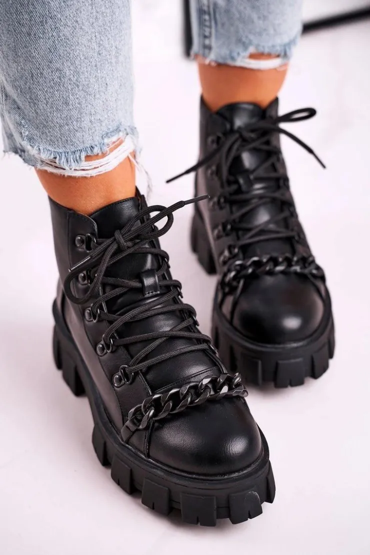 New Boto Damskie Botki Workery Na Platformie Czarne Chain