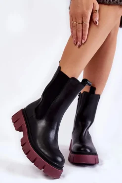Sale Evento Damskie Botki Workery Na Platformie Czarno-Bordowe Aliana