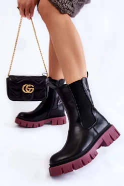 Sale Evento Damskie Botki Workery Na Platformie Czarno-Bordowe Aliana