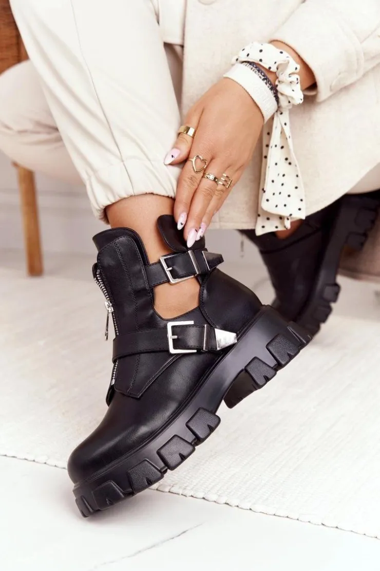 Damskie Boto Damskie Botki Workery Na Platformie Czarne Cosmic Love