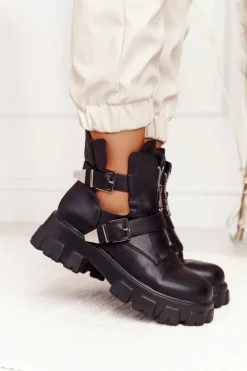 Damskie Boto Damskie Botki Workery Na Platformie Czarne Cosmic Love