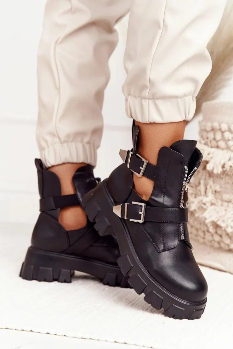 Damskie Boto Damskie Botki Workery Na Platformie Czarne Cosmic Love