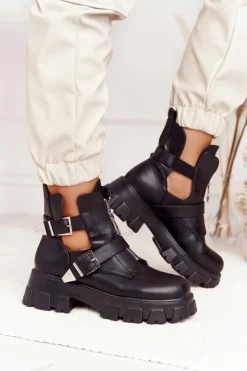 Damskie Boto Damskie Botki Workery Na Platformie Czarne Cosmic Love