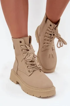 Outlet Boto Damskie Botki Workery Na Zamek Beżowe Tirina Beżowy