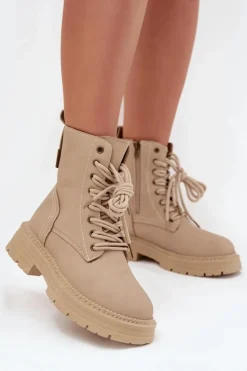 Outlet Boto Damskie Botki Workery Na Zamek Beżowe Tirina Beżowy