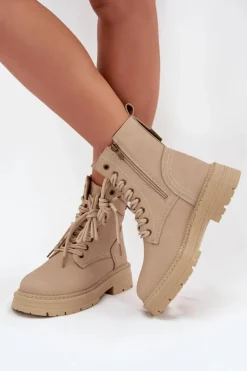 Outlet Boto Damskie Botki Workery Na Zamek Beżowe Tirina Beżowy