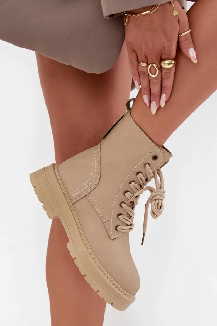 Outlet Boto Damskie Botki Workery Na Zamek Beżowe Tirina Beżowy