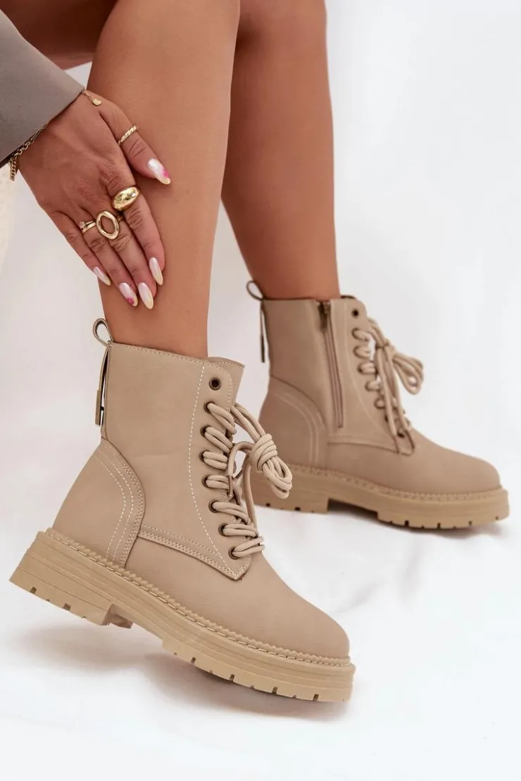 Outlet Boto Damskie Botki Workery Na Zamek Beżowe Tirina Beżowy