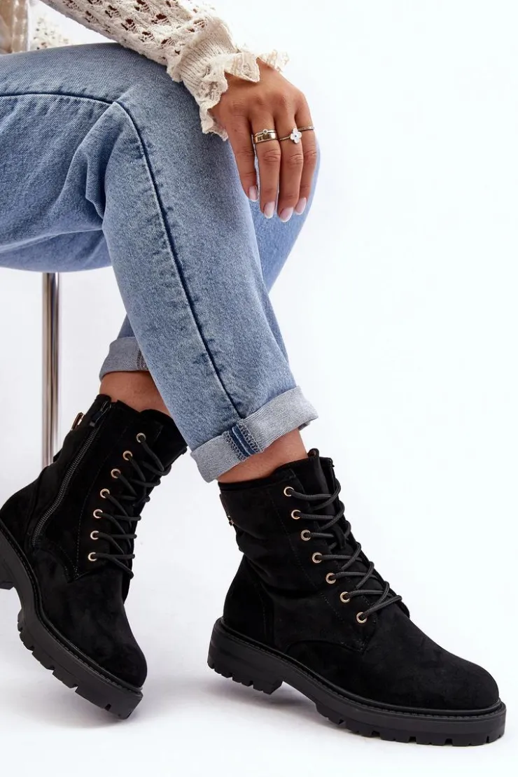 Boto Botki Ocieplane|Botki Sznurowane*Damskie Botki Workery Na Suwak Czarne Ninsuni Czarny