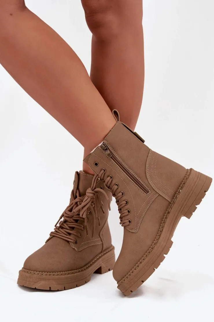Boto Damskie Trapery|Botki Sznurowane*Damskie Botki Workery Na Zamek Ciemnobeżowe Tirina Beżowy