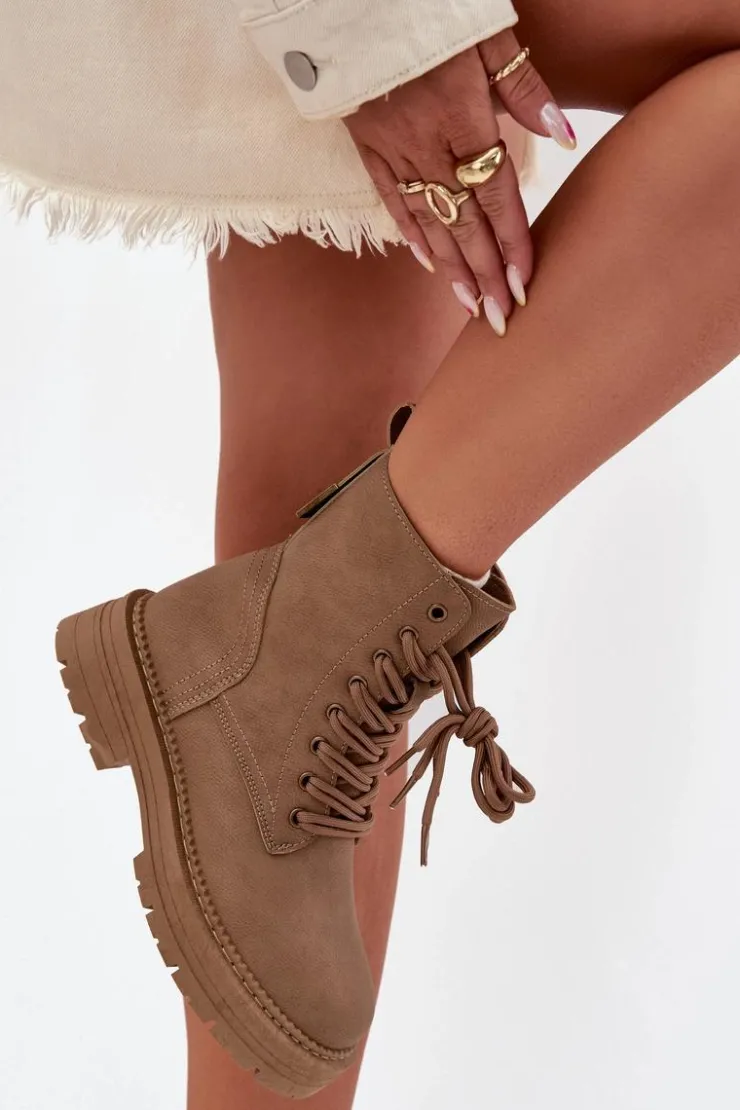 Boto Damskie Trapery|Botki Sznurowane*Damskie Botki Workery Na Zamek Ciemnobeżowe Tirina Beżowy