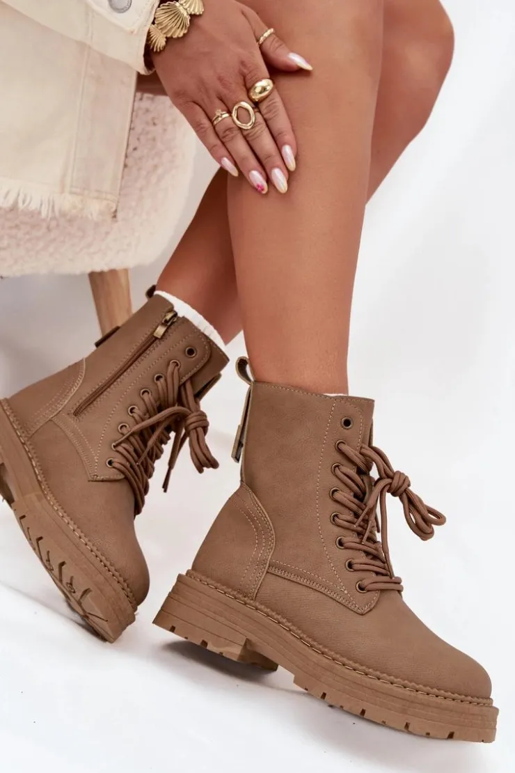 Boto Damskie Trapery|Botki Sznurowane*Damskie Botki Workery Na Zamek Ciemnobeżowe Tirina Beżowy