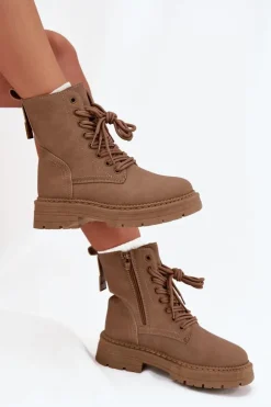 Boto Damskie Trapery|Botki Sznurowane*Damskie Botki Workery Na Zamek Ciemnobeżowe Tirina Beżowy