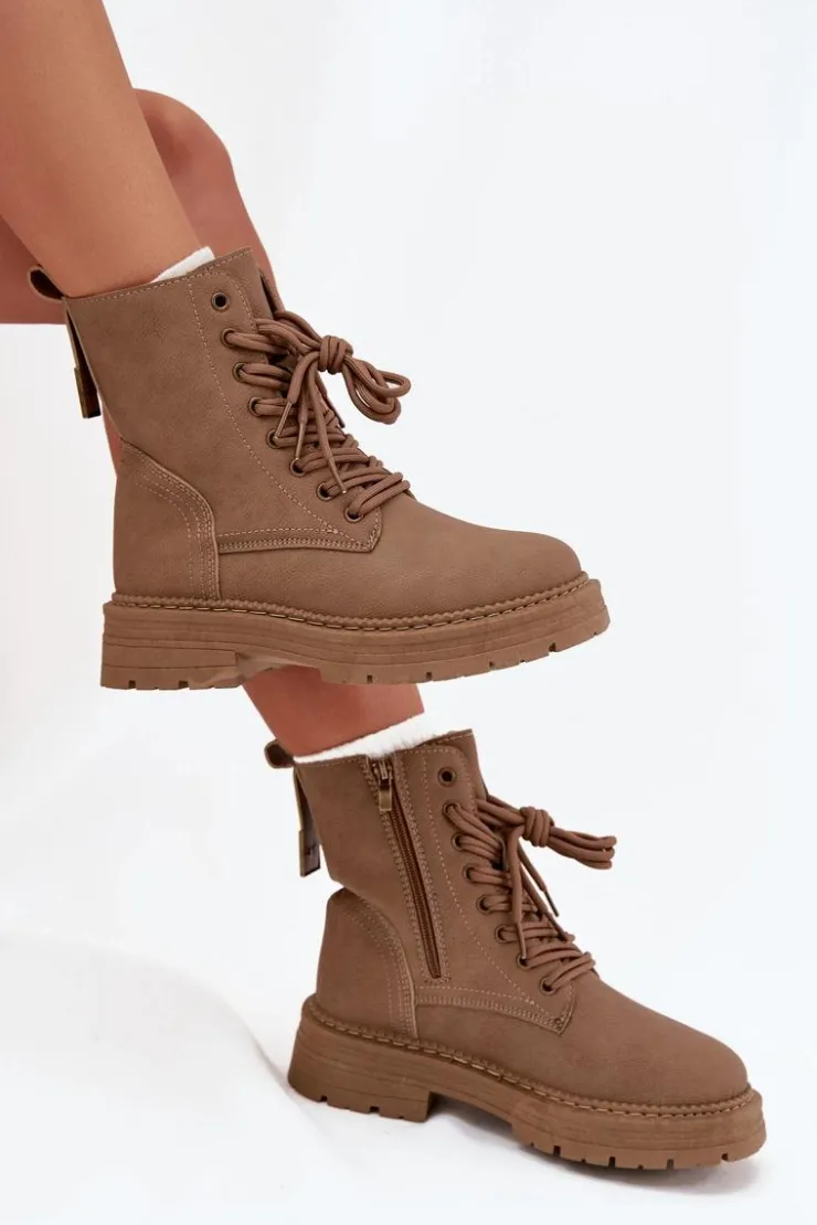 Boto Damskie Trapery|Botki Sznurowane*Damskie Botki Workery Na Zamek Ciemnobeżowe Tirina Beżowy